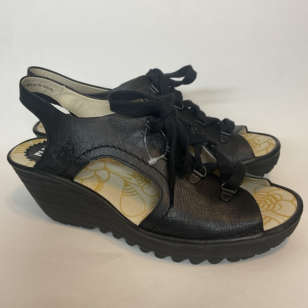 $140 FLY London Womens Ylfa Lace Up Wedge Sandals Shoes wedge size EU 41‎ US 10